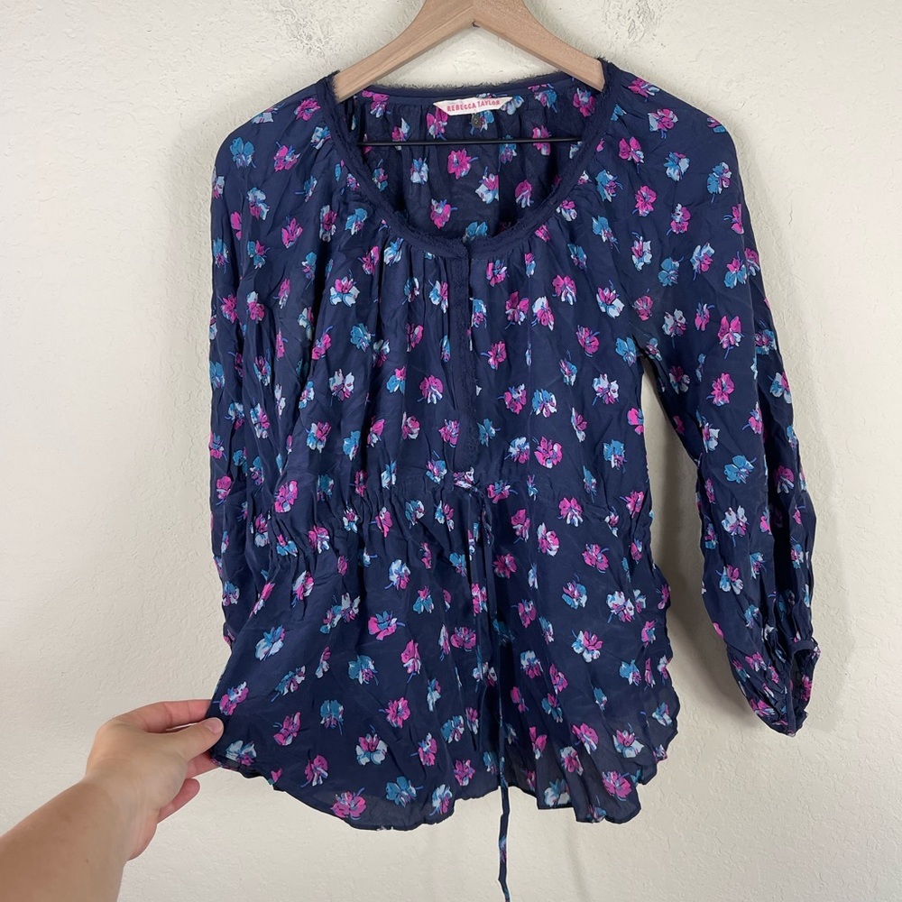 Rebecca Taylor Bellflower Waist Tie Peplum Top Silk - 6